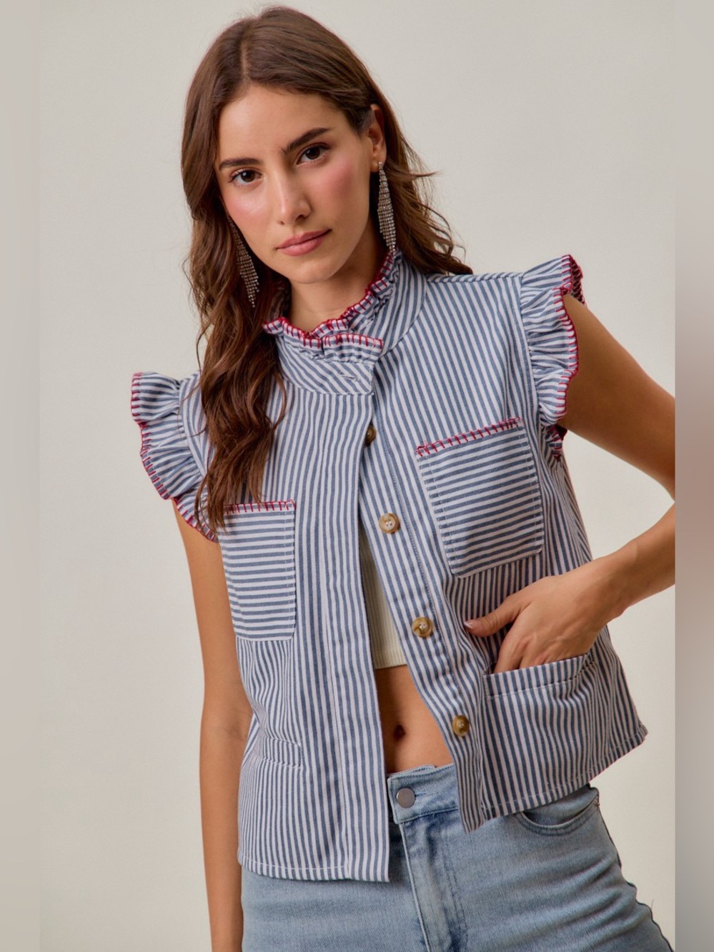 SO ME Stripe Twill Stitch Ruffled Hidden Button Vest Top